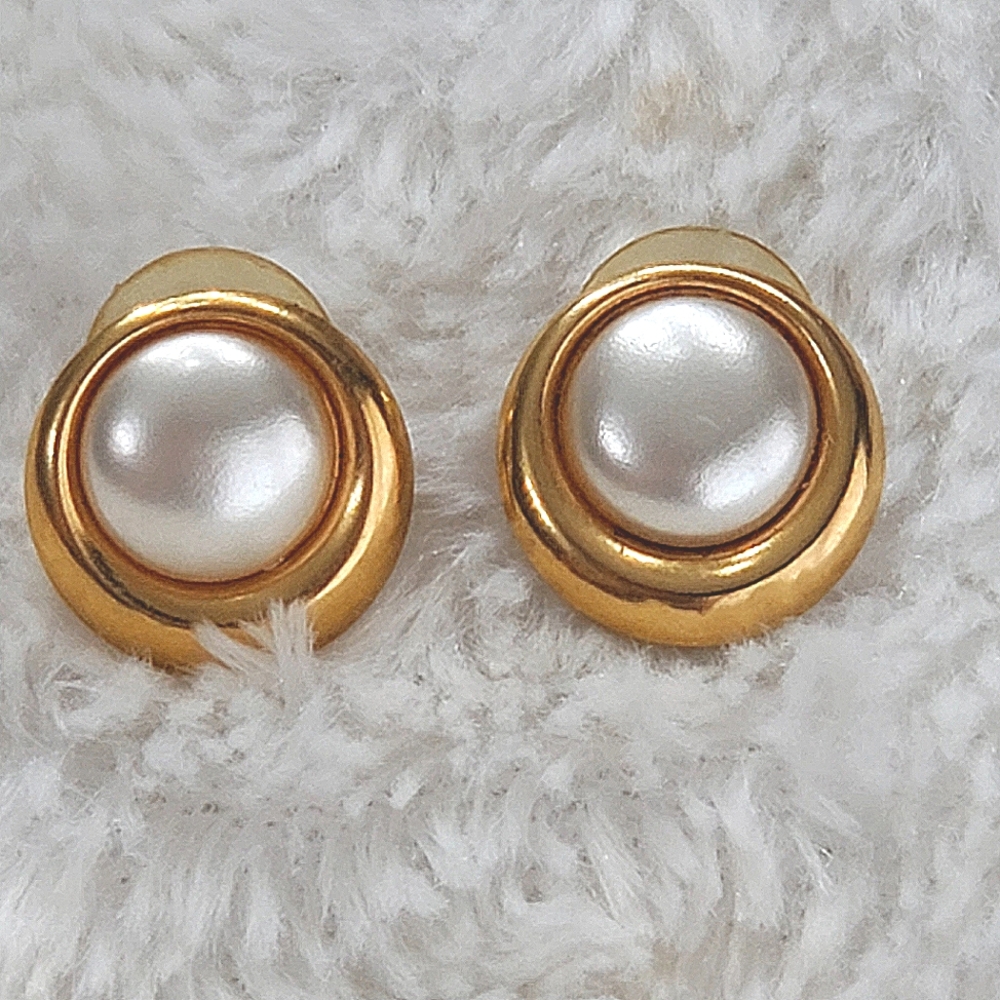 Gold Pearl Button Earrings